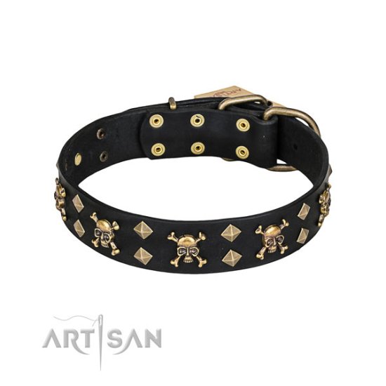 Artisan Dog Collar "Jolly Roger", Leather with Skulls and Studs