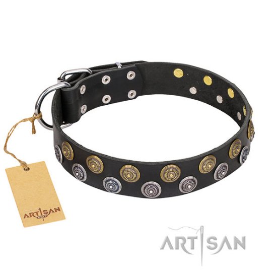 Black Leather Dog Collar with Studs "Romantic Breeze" by Artisan