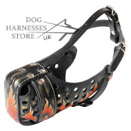 Designer Dog Muzzle | Leather Dog Muzzle with "Flame" Painting Designer Dog Muzzle | Leather Dog Muzzle with "Flame" Painting