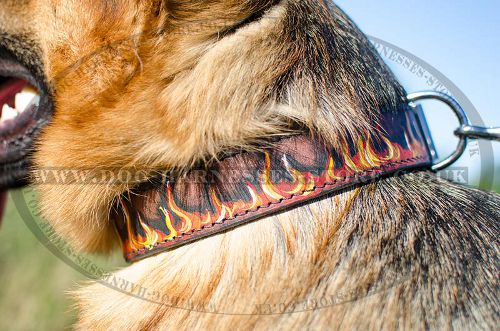Handmade Dog Collar with Flames for German Shepherd Unique Style