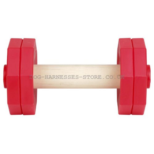 Dog Retrieve Training Dumbbell of Red Plastic and Natural Wood