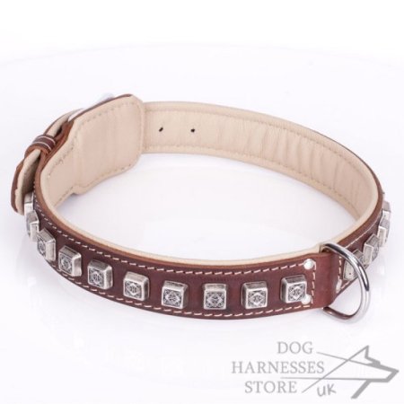 Soft Brown Leather Dog Collar "Cube" Nappa Padded