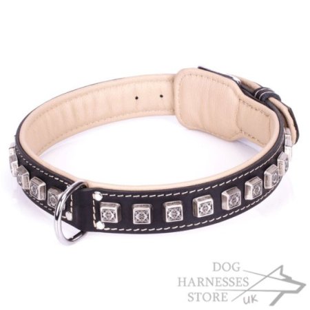 Thick Black Leather Dog Collar "Cube" with Soft Nappa Lining
