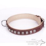 Soft Brown Leather Dog Collar "Cube" Nappa Padded