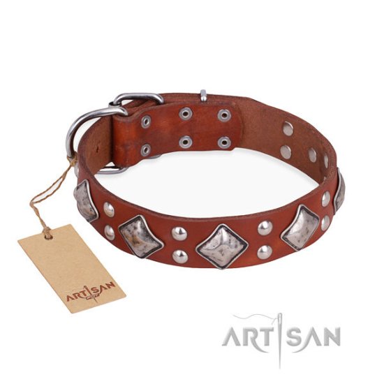 Artisan Leather Dog Collar of Natural Color "Magic Squares"