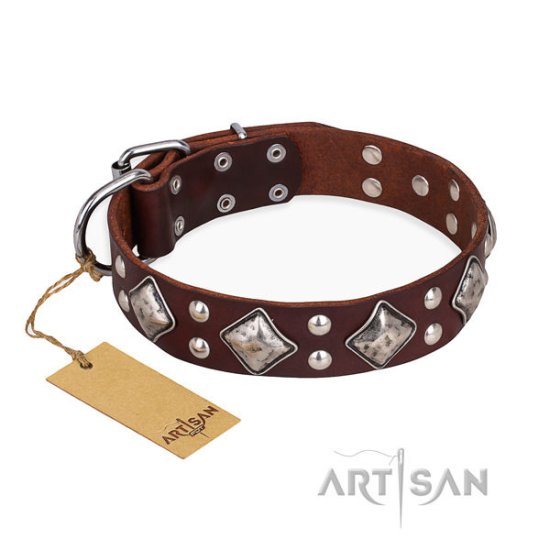 Brown Leather Dog Collar Artisan "King of Grace" with Diamonds