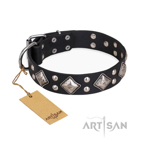 Black Leather Dog Collar "Smart Geometry" by FDT Artisan