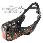 Designer Dog Muzzle of Genuine Leather with "Flame" Painting