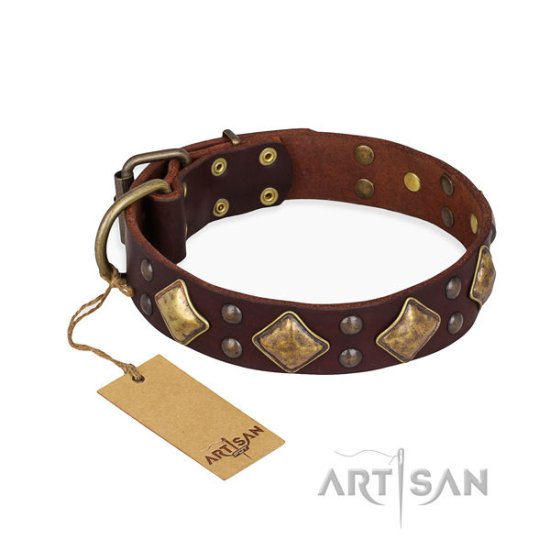 Brown Leather Dog Collar "Golden Square" with Rhombs FDT Artisan - Click Image to Close