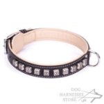 Thick Black Leather Dog Collar "Cube" with Soft Nappa Lining