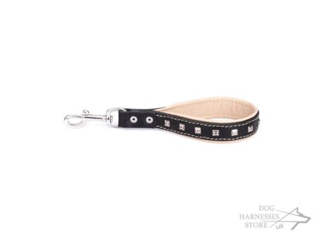 Short Leather Leash with Square Studs, Soft Beige Padding