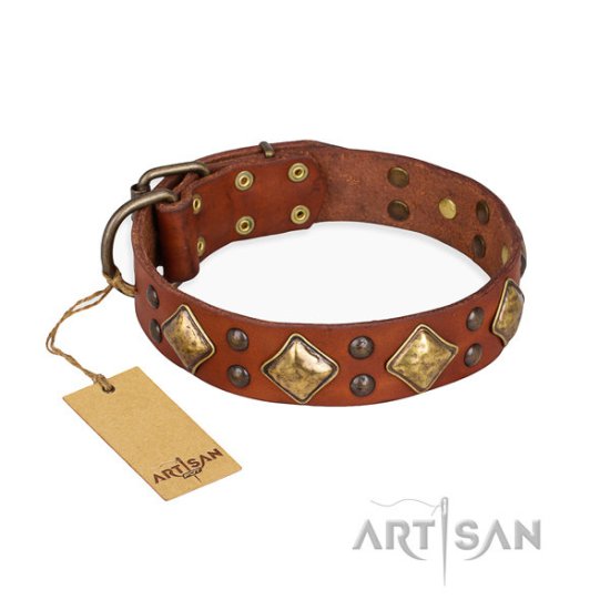 Tan Leather Dog Collar "Flight of Fancy" FDT Artisan with Rhombi