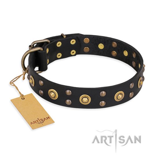 Black Leather Dog Collar Studded, "Cosmic Glow" by FDT Artisan