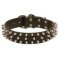 Leather Dog Collar with Three Rows of Cool Glossy Nickel Spikes