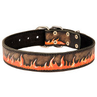 Designer Dog Collar, "Flame" Hand Painted Natural Leather