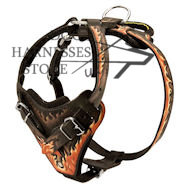Handmade Dog Harness Padded with "Flames", Natural Leather