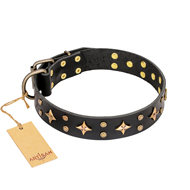 "A La Mode" Black Leather Dog Collar with Stars, Studs Artisan