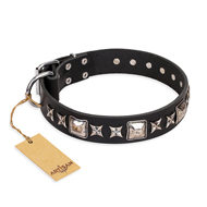 Black Leather Dog Collar "Space Walk" FDT Artisan, Stars, Studs