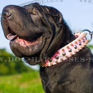 Dog Collar for Shar-Pei Female, Spiked and Studded Pink Leather Dog Collar for Shar-Pei Female, Spiked and Studded Pink Leather