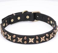 "Sky of Stars" Leather Dog Collar with Bronze-Like Stars & Cones