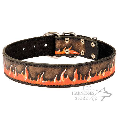 Designer Dog Collar, "Flame" Hand Painted Natural Leather - Click Image to Close