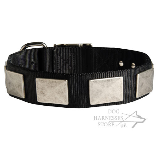 Dog Walking Collar Nylon with Old-Like Wide Nickel Plates - Click Image to Close