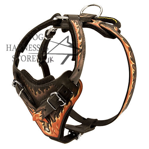 Handmade Dog Harness Padded with "Flames", Natural Leather