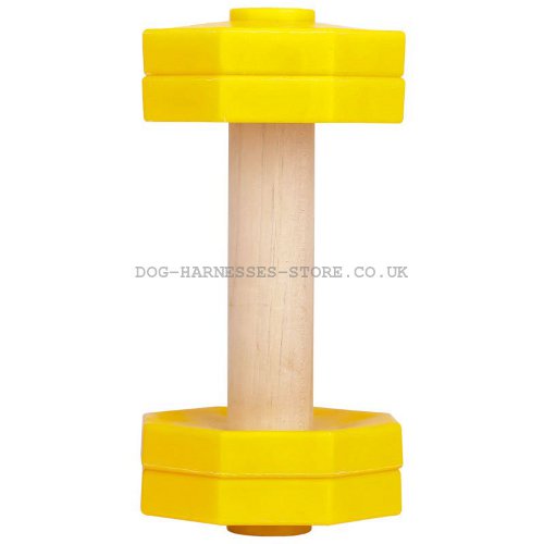Retrieve Dog Training Dumbbell of Wood and Bright Yellow Plastic